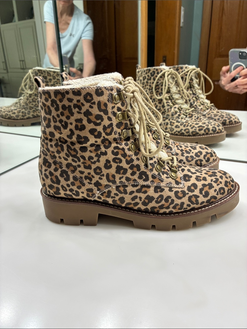 White Mountain Leopard Print Lace-Up Ankle Booties- Beige/Black Size 9